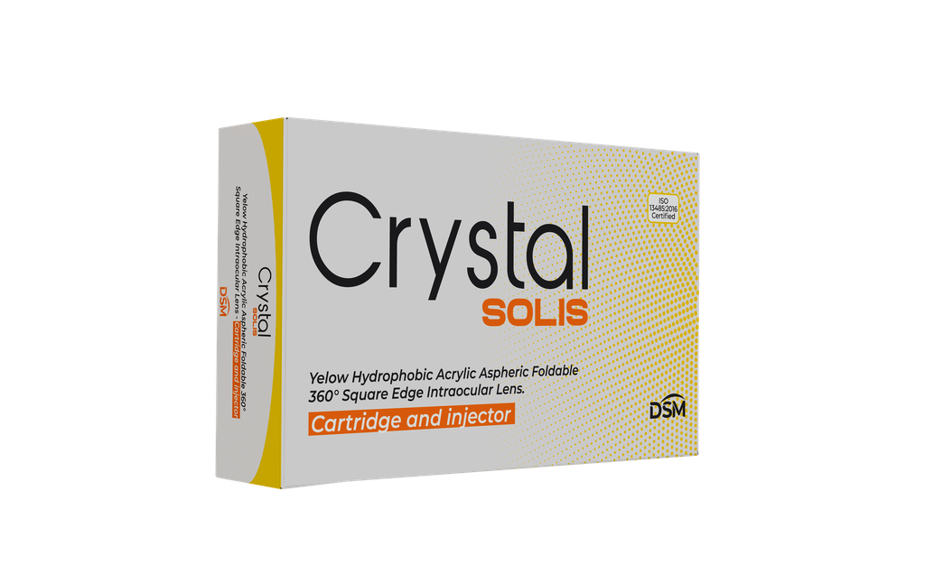 Crystal SOLIS PRELOADED Lente intraocular plegable de borde cuadrado de 360°, acrílica, hidrofóbica y amarilla (cartucho e inyector)