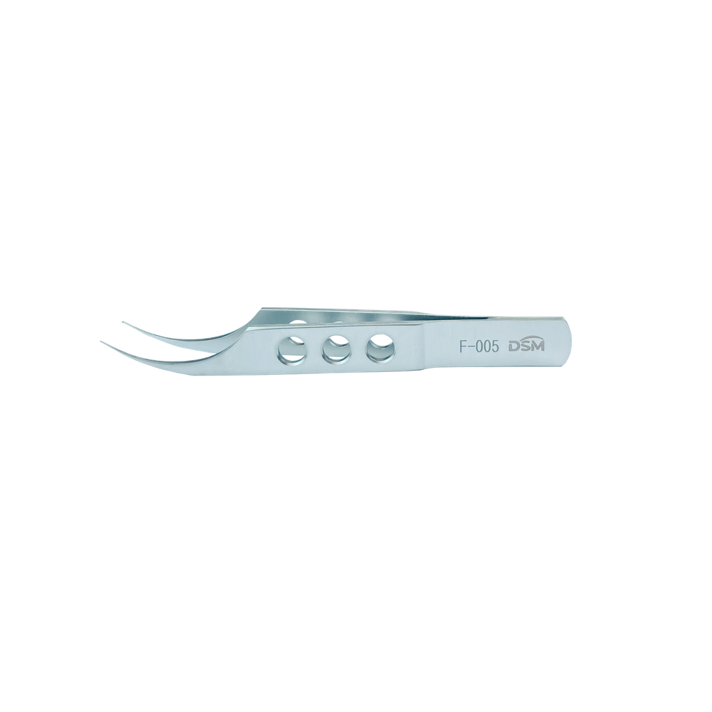 F-005 Pinza Dentada Colibri para Conjuntiva Curva con plataformas de atar, mango plano 85 mm, 0.12 mm, 1 x 2 dientes