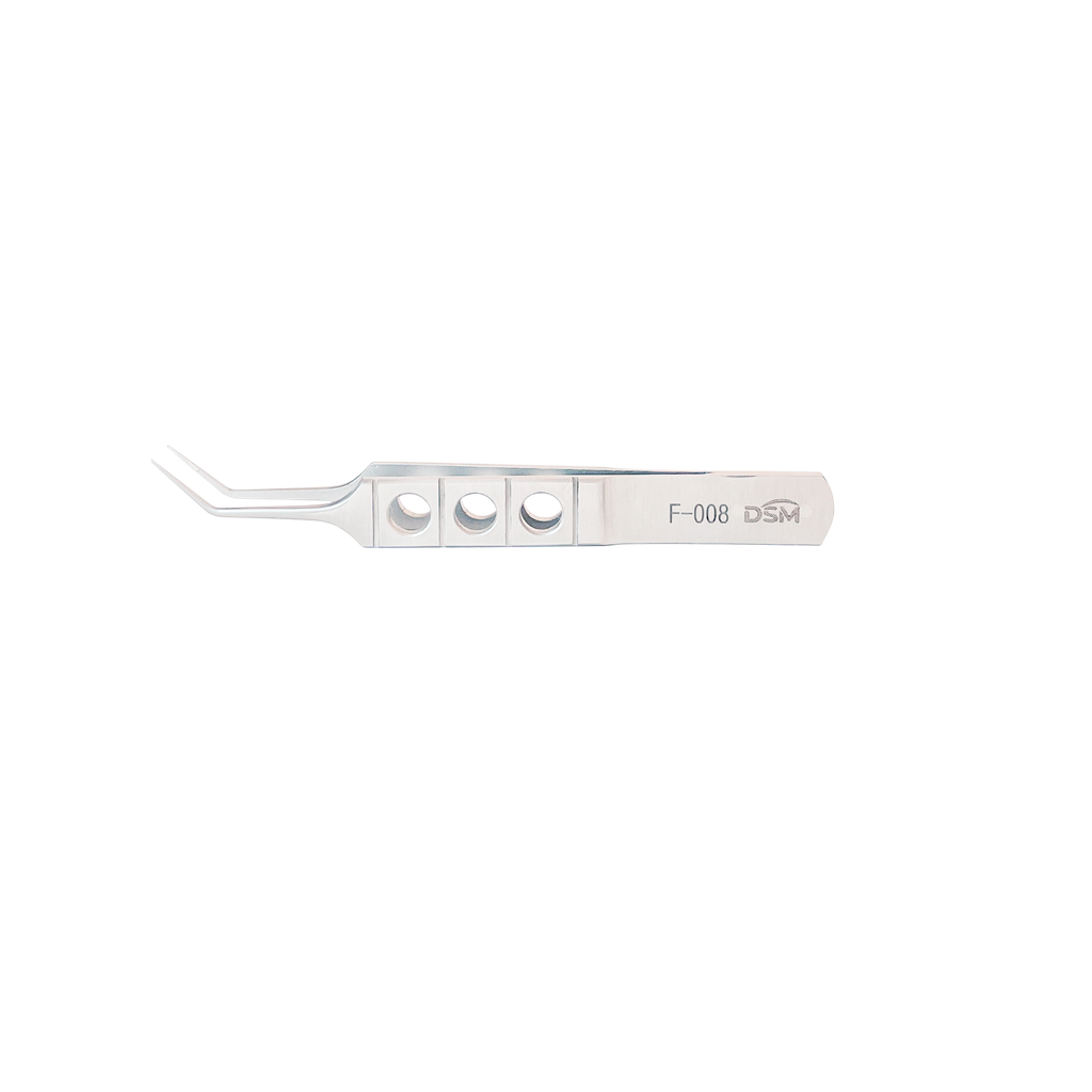 F-008 Mcpherson Toothed Forceps 85mm, 0.12mm 1 x 2 teeth, angled shafts with tying platforms