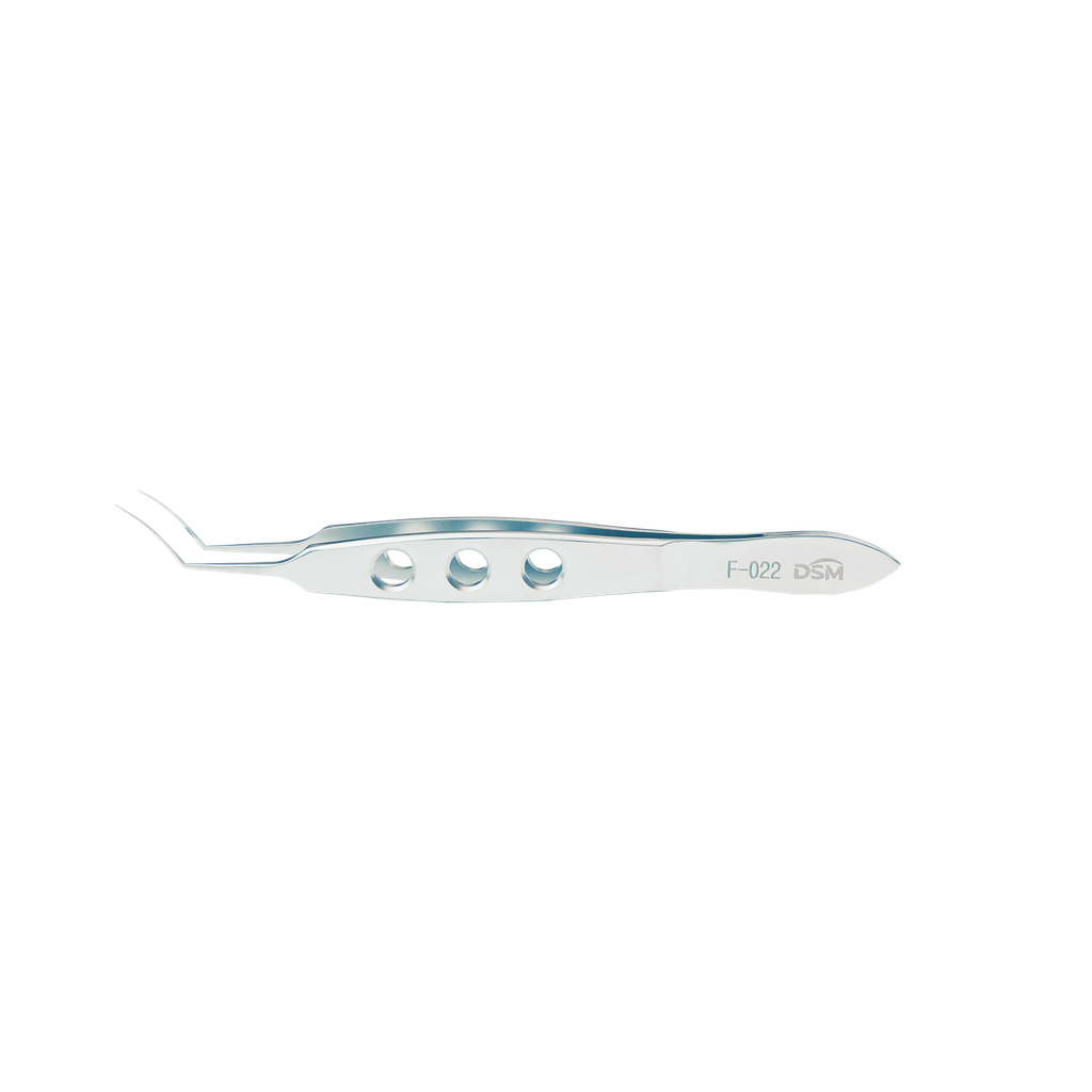 F-022 Pinza Capsulorhexis Ejes curvados, con plataformas de atar MICS 105 mm, incisión de 1.8 mm