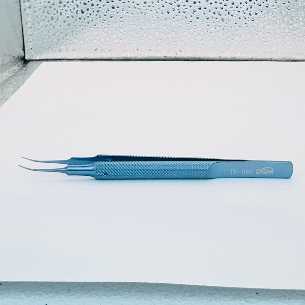 TF-083 Curved Toothe Forceps 105 mm, 0.12mm, 1×2 teeth, curved shafts with tying platforms, round handle