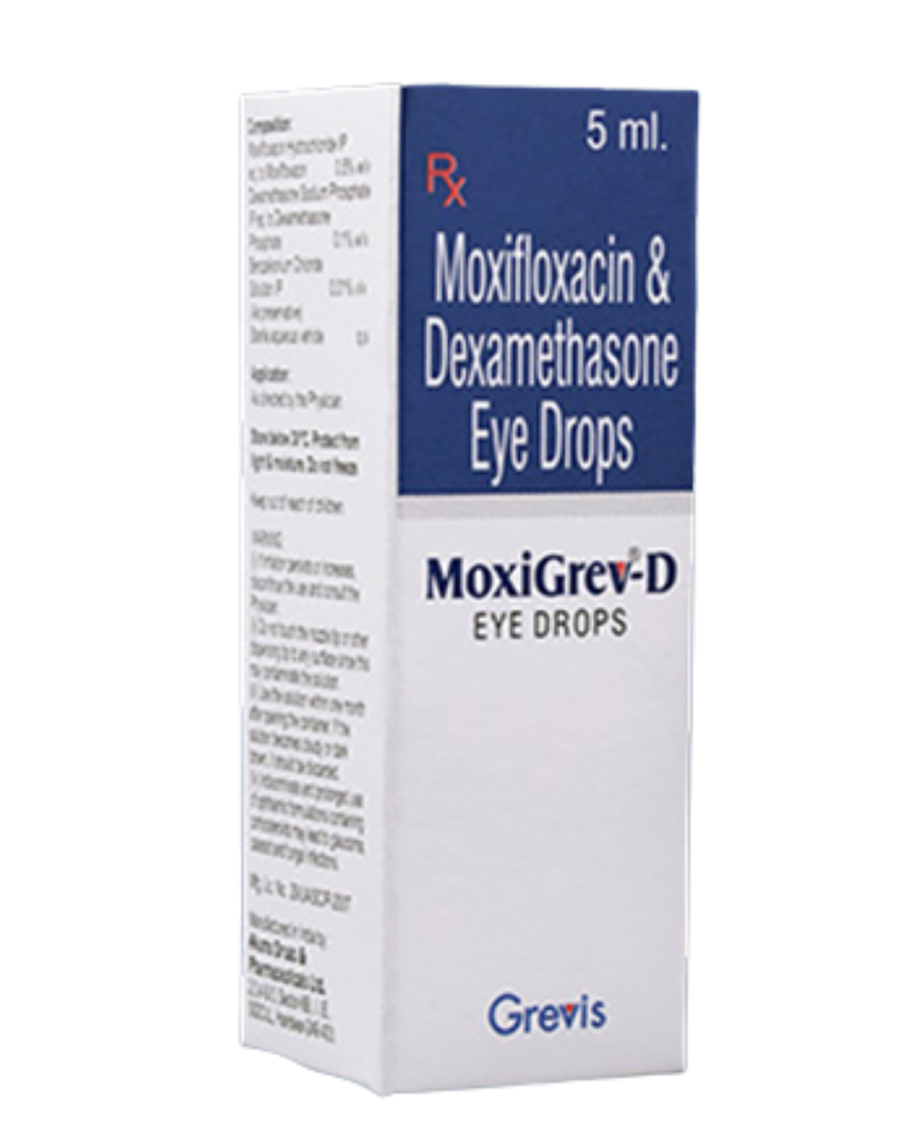 Moxifloxacina con dexametasona gotas oftálmicas al 0,5%-0,01% w/v 5 ml (MOXIGREV-D). Greivis Pharma.