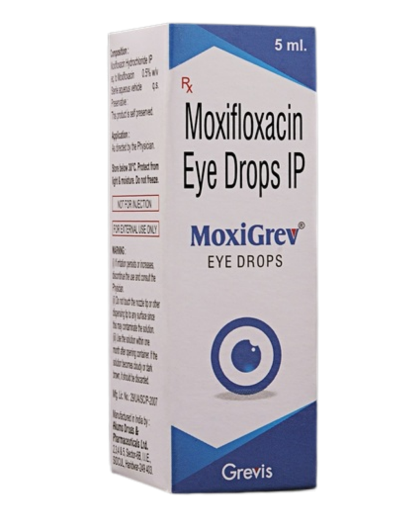 Moxifloxacin eye drops 0.5% w/v 5 ml (MOXIGREV). Greivis Pharma.
