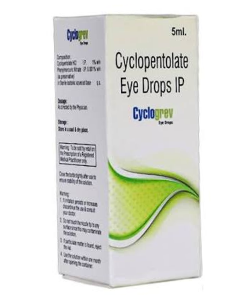 Ciclopentolato gotas oftálmicas IP al 1% w/v de 5 ml (CyCLOGREV). Greivis Pharma.