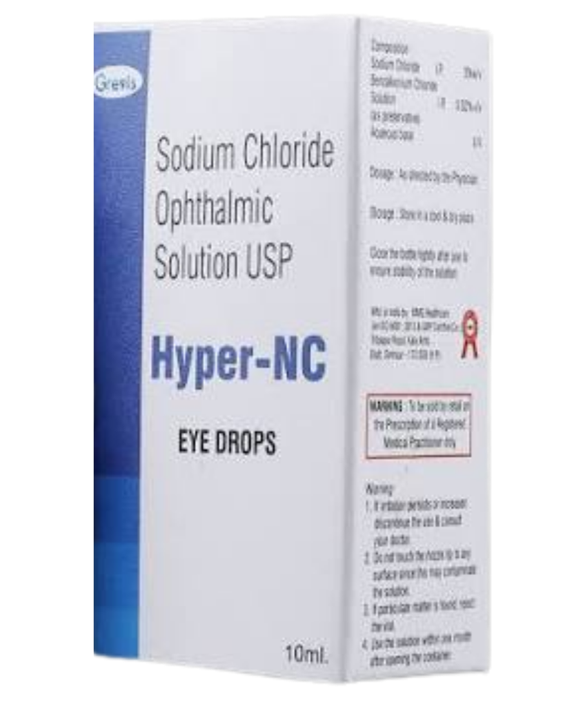Sodium Chloride in 5% w/v eye drop of 10ml. (Hyper NC). Greivis Pharma.
