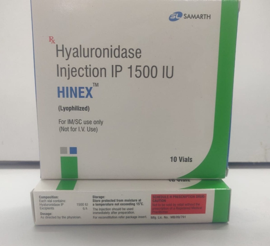 Hialuronidasa en vial para inyección, ampolla de 1500 IU, caja de 10. Hinex