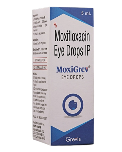 Moxifloxacin eye drops 0.5% w/v 5 ml (MOXIGREV). Greivis Pharma.