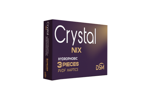 Crystal Nix Lente intraocular de 3 piezas Biconvexo: borde cuadrado asférico 6mm, plegable de acrílico hidrofóbico de 360 ​​​​° con hápticos de PVDF, óptica asférica de cámara posterior, A- constante  118.0, óptica: 6.0mm y Óptica A-Constante:  A SRK/T : 118,40 | SRK/II: 118,70 longitud total: 13.00mm. 